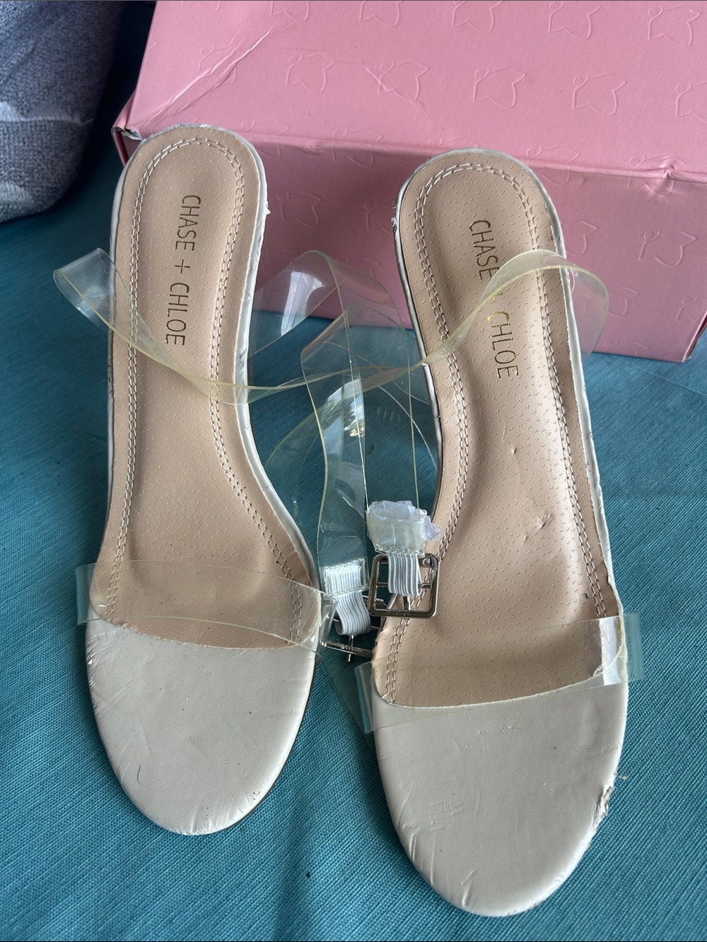Chase + Chloe Clear Strap Nude Slide Heels